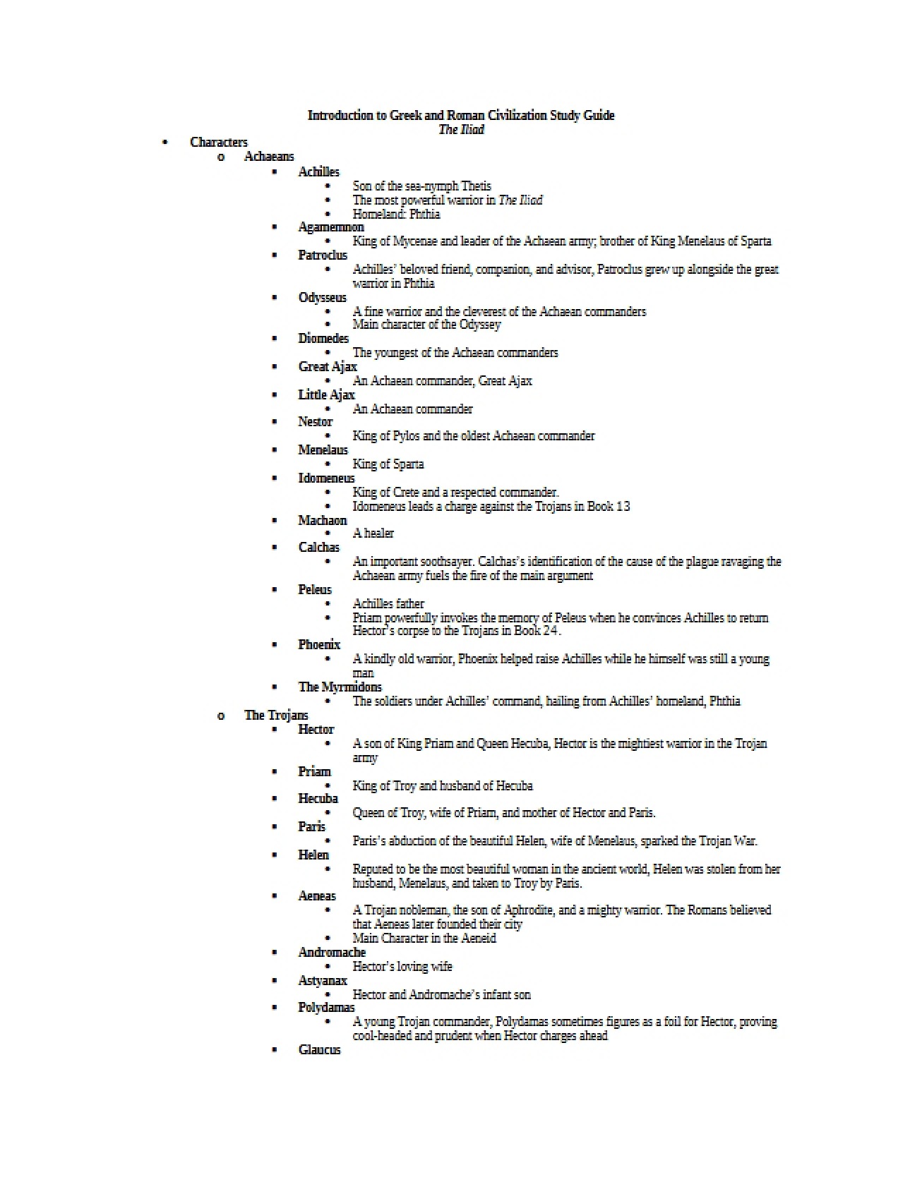 Study Guide for Introduction to Greek and Roman Civilization
