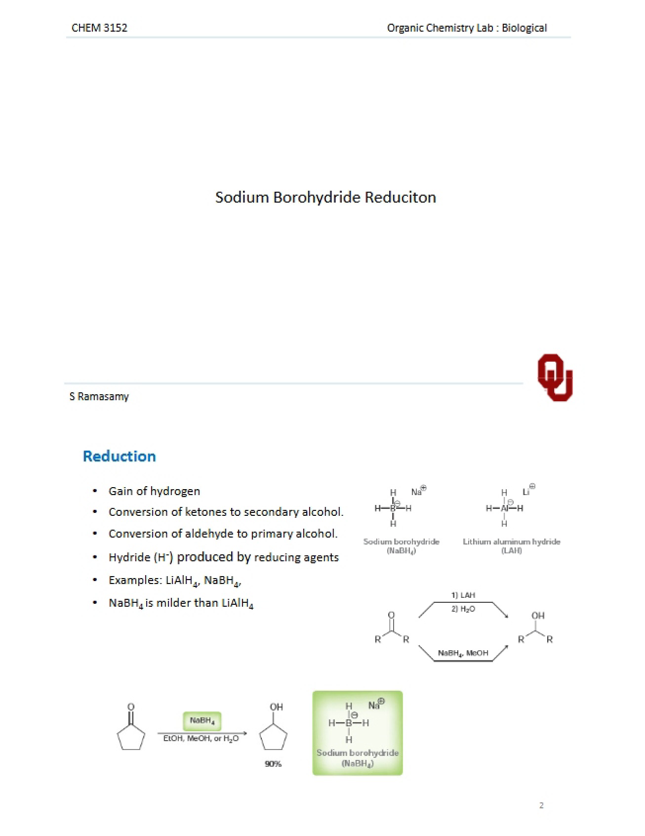 Lecture 12 Reduction via Sodium Borohydride