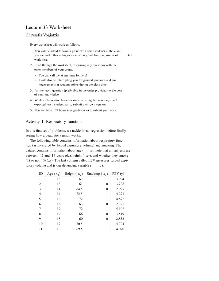 Worksheet for Lecture 33
