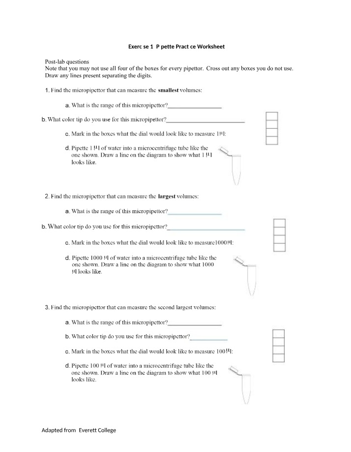 Pipette Practice Worksheet - Exercise 1