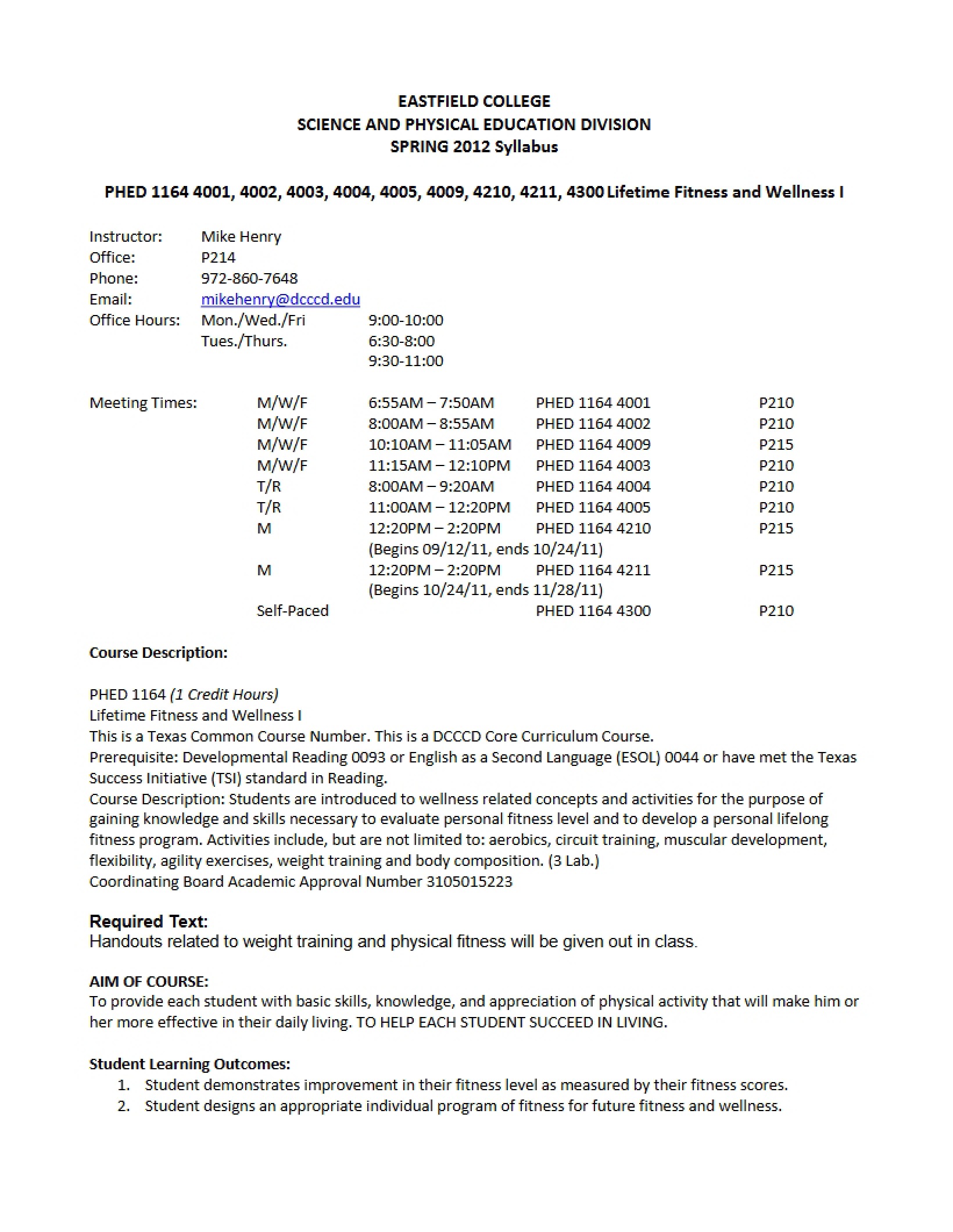 Course Syllabus for Physical Fitness and Wellness - 6 Pages