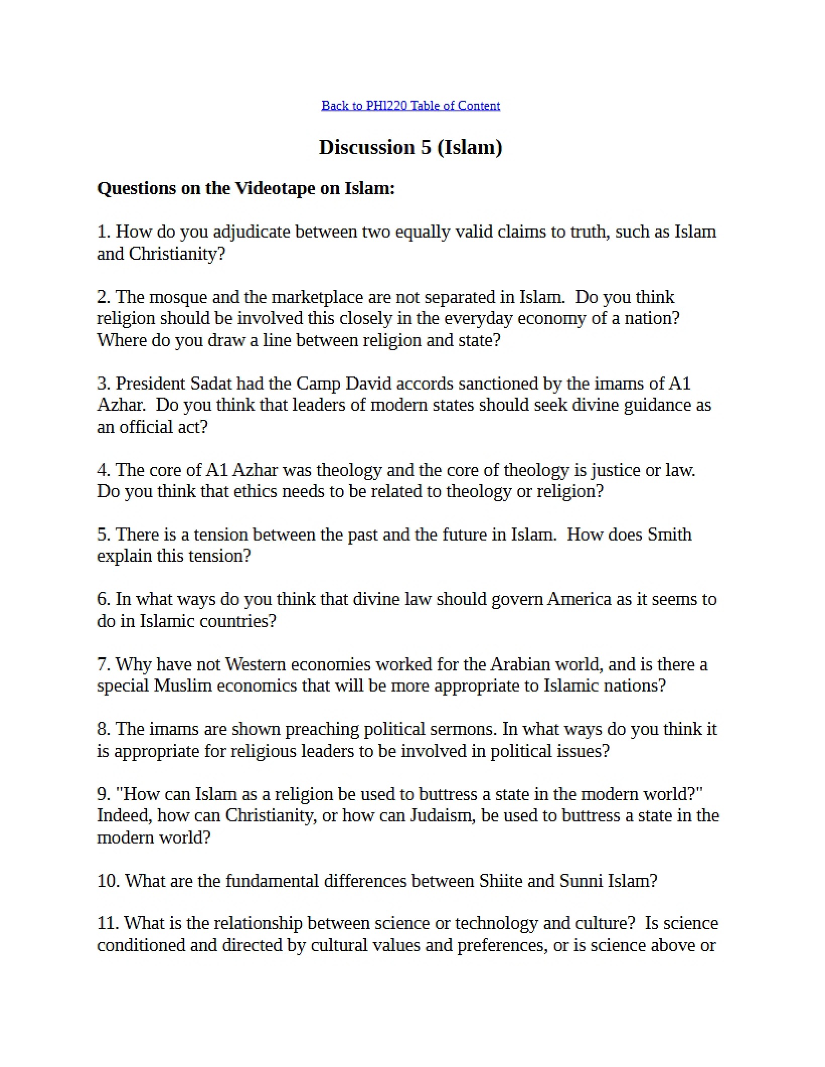 Discussion 5 on Islam