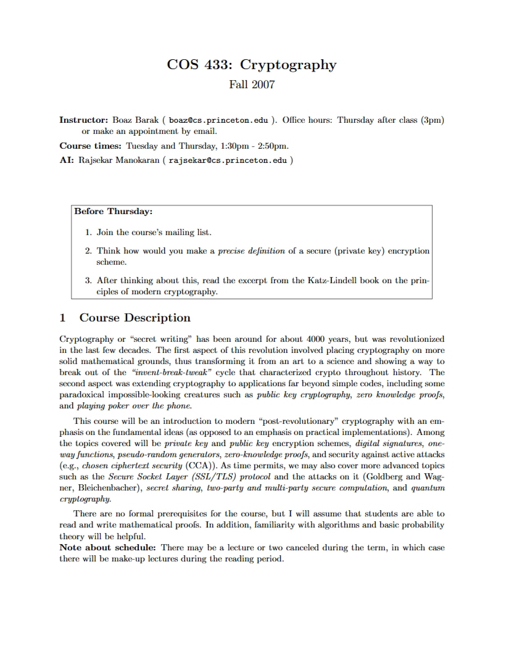 Cryptography Course Description
