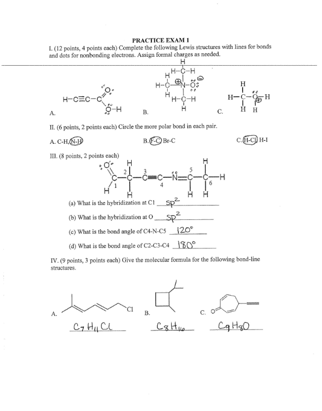 Sample Examination for Elementary Organic Chemistry