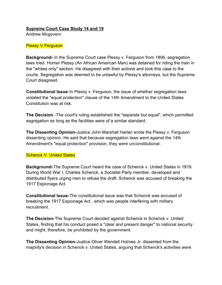 Plessy v. Ferguson and Schenck v. United States - Case Study