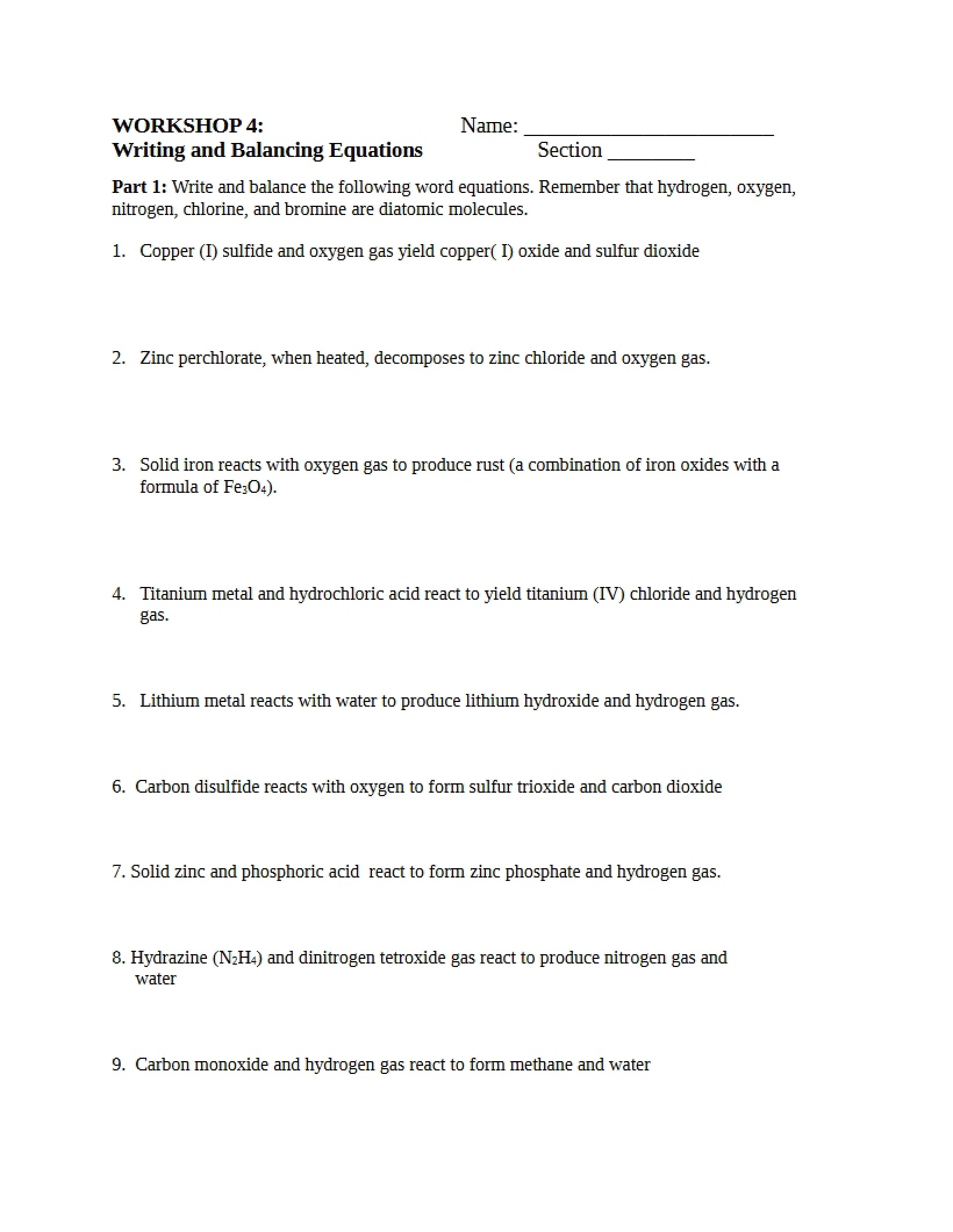 Balancing and Writing Chemical Equations