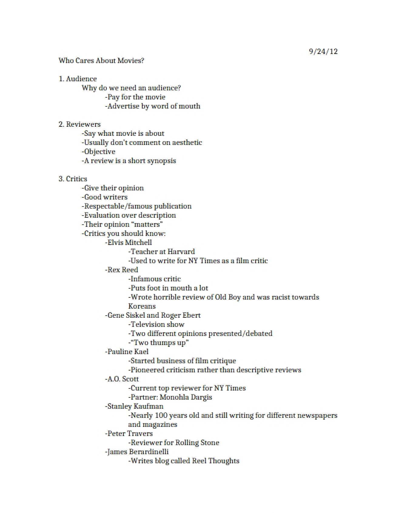 Notes from the Introduction to Film Lecture