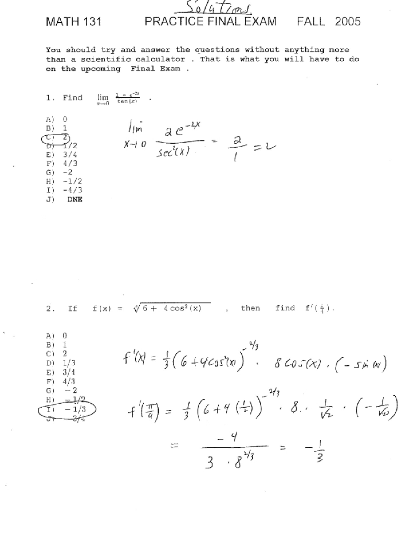 Solutions for Practice Final - Fall 2005