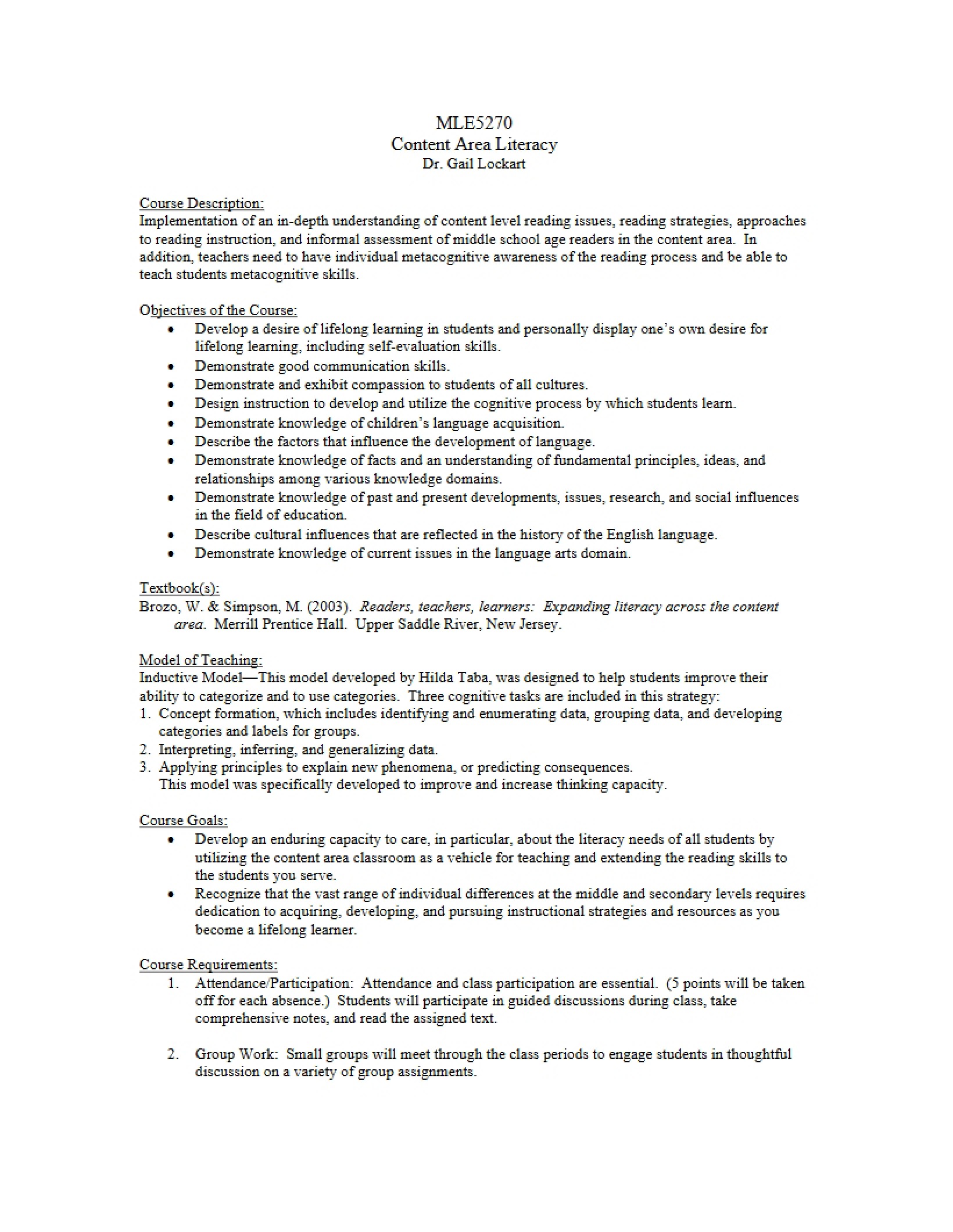 Literacy Instruction Course Outline