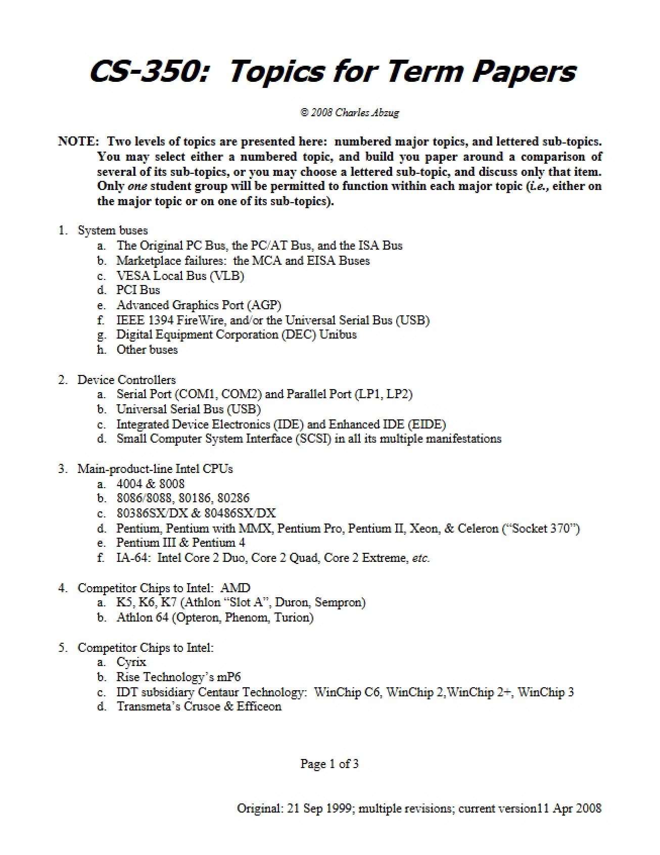 List of Topics for Term Papers in Computer Organization