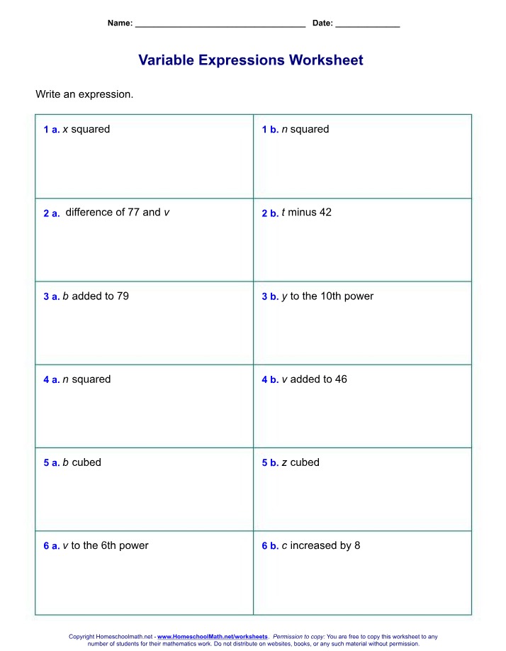 Worksheet - Variable Expressions