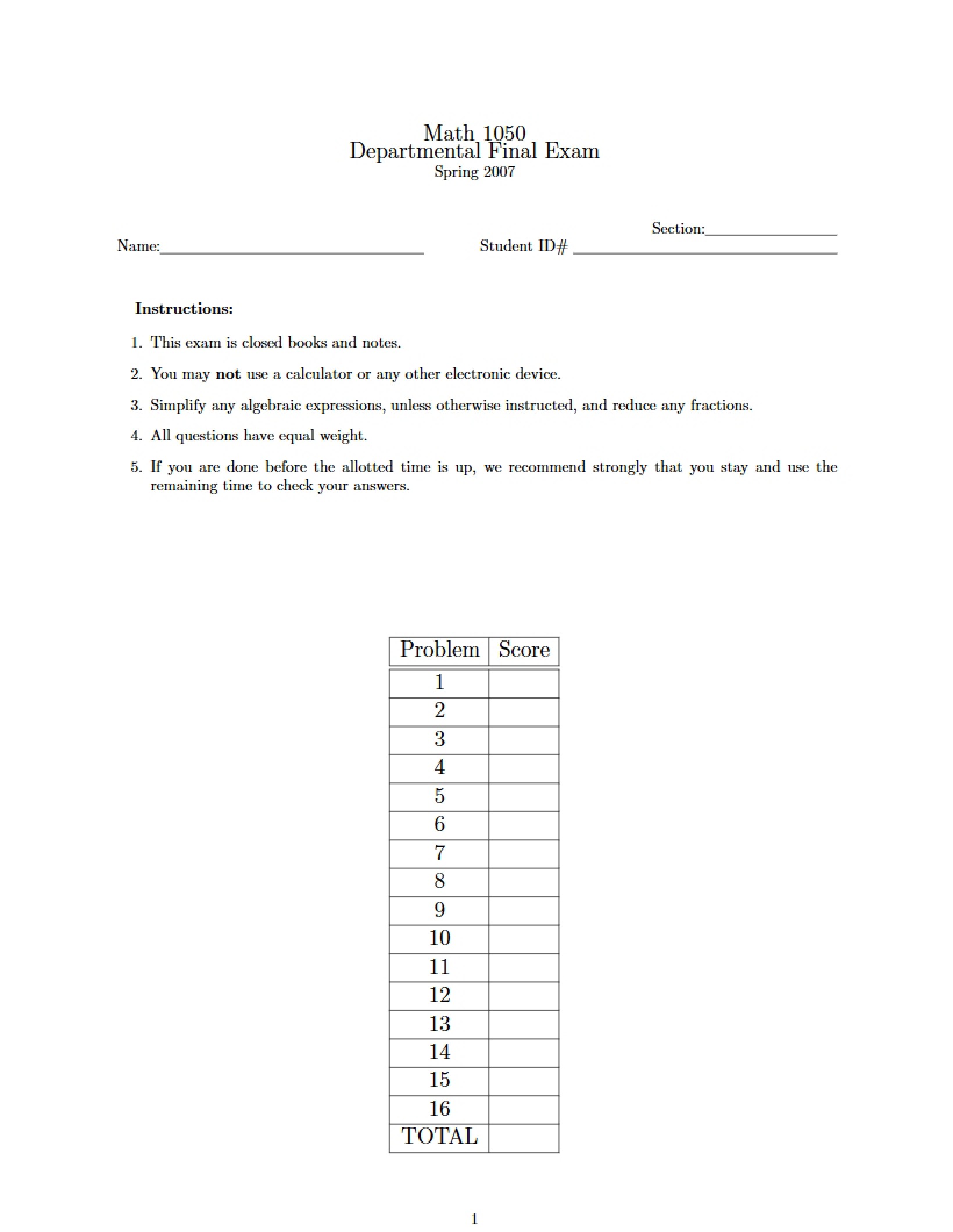 Math 1050 Final Test