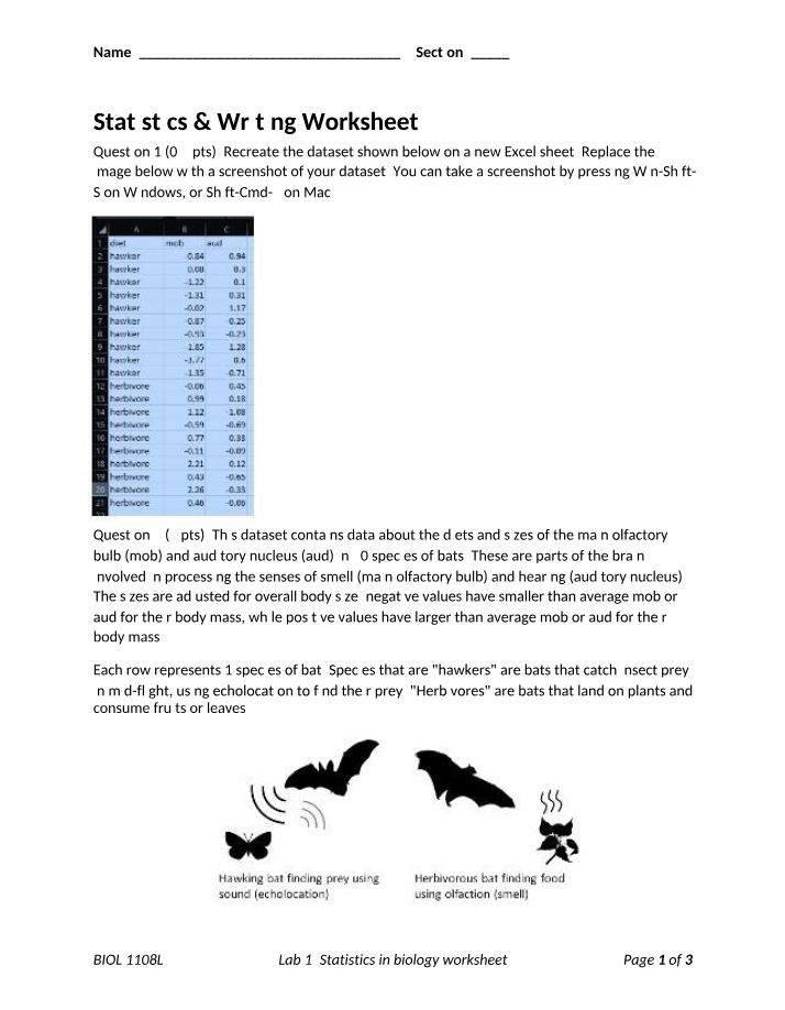 Worksheet for Statistics and Writing