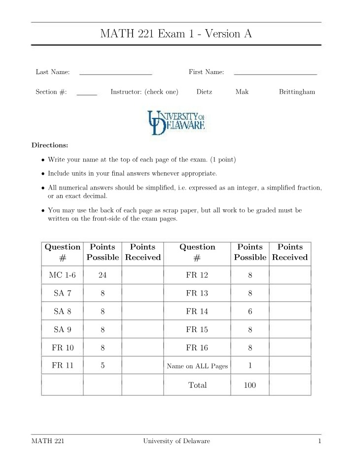 Exam 1 - MATH 221 Version A