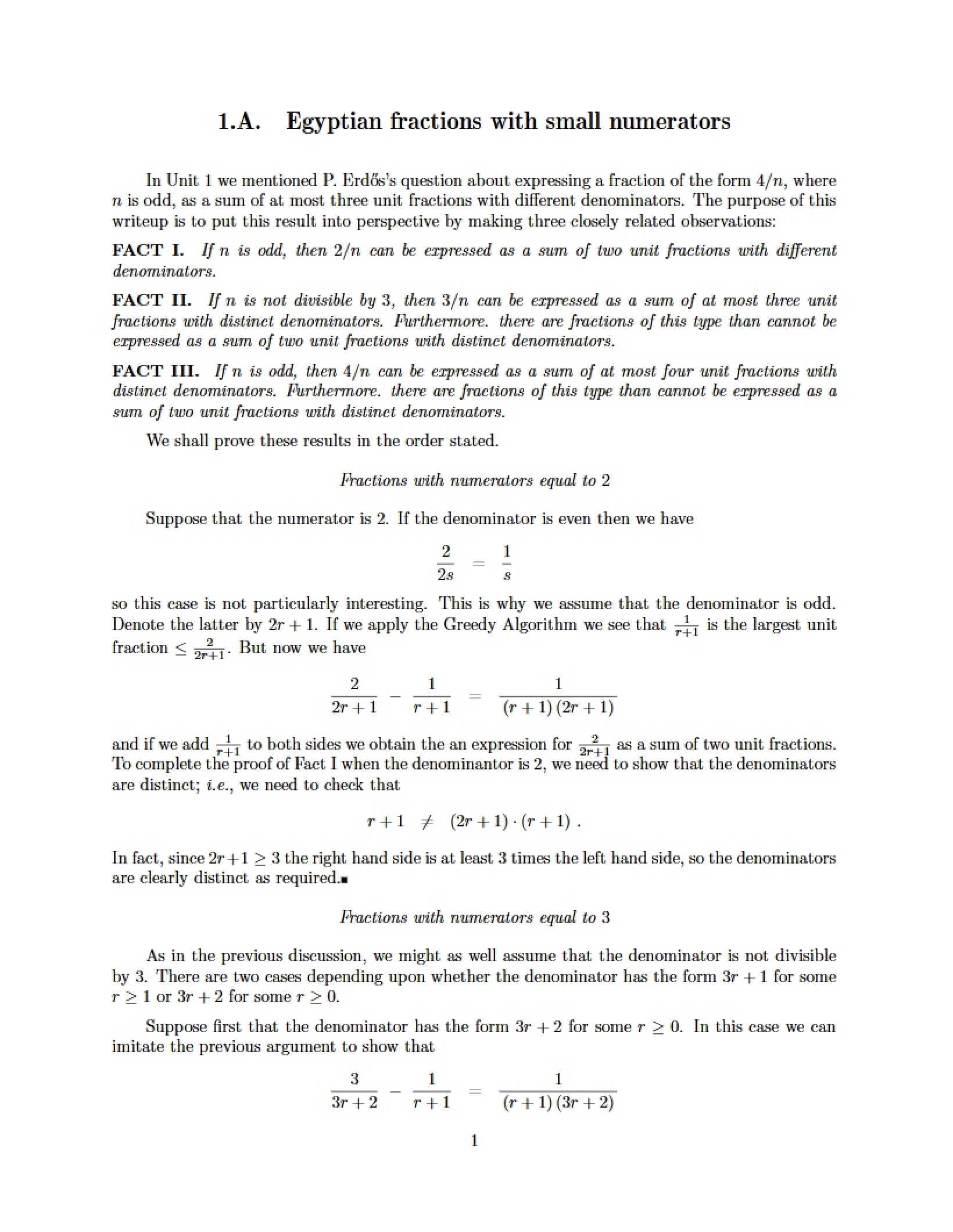 Small Numerator Egyptian Fractions