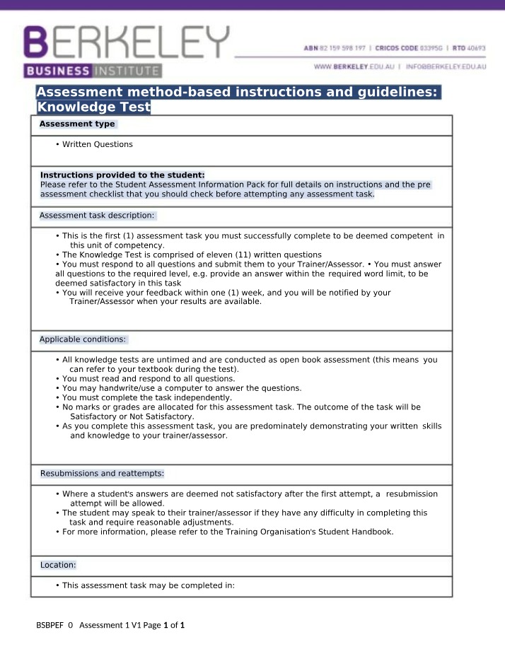 Emotional Intelligence Knowledge Test - BSBPEF502 Assessment 1