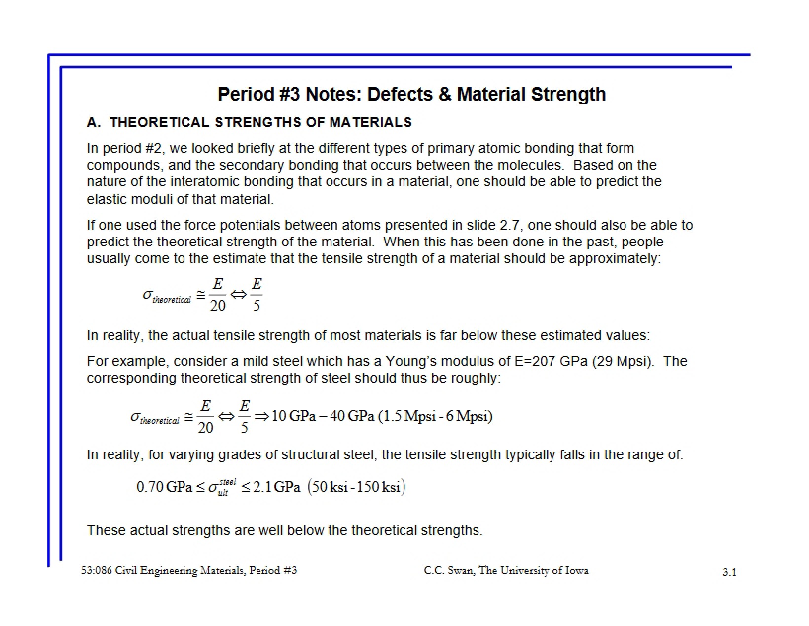 Material Strength and Defects Period Three Notes