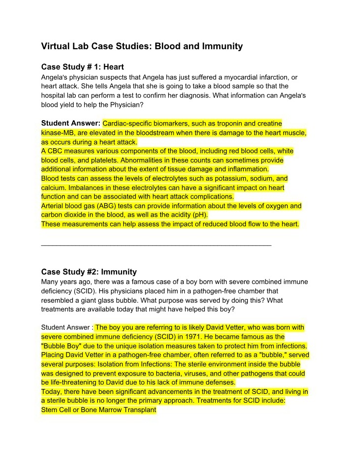 Blood and Immunity Virtual Lab Case Studies