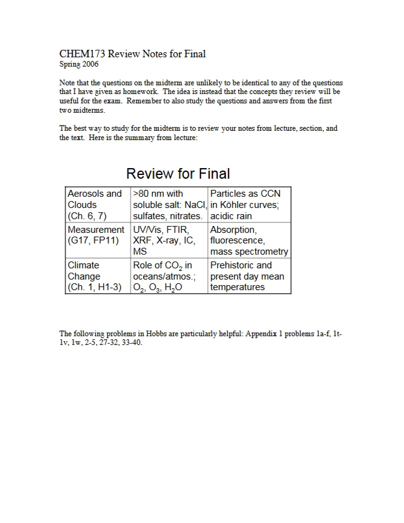 Final Exam Review: Atmospheric Chemistry