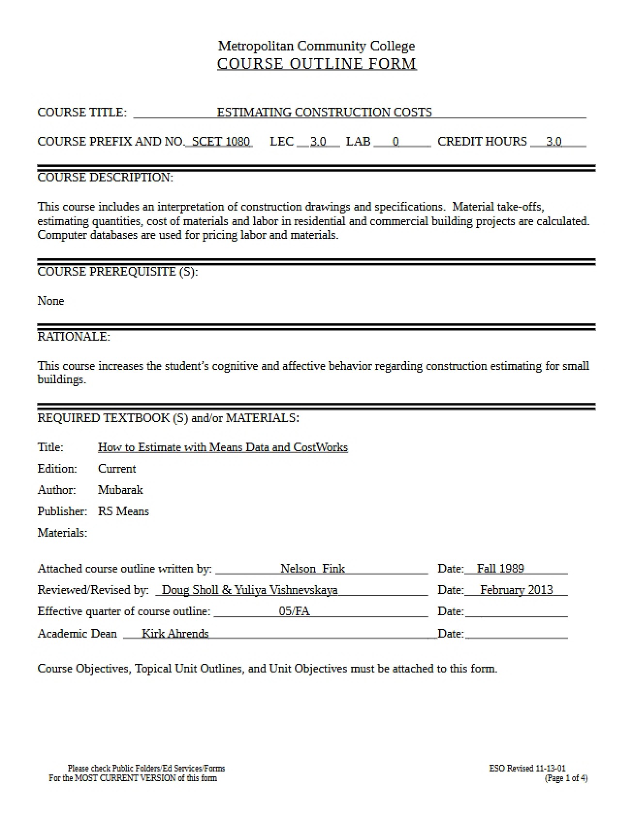 Construction Costs Estimating Outline