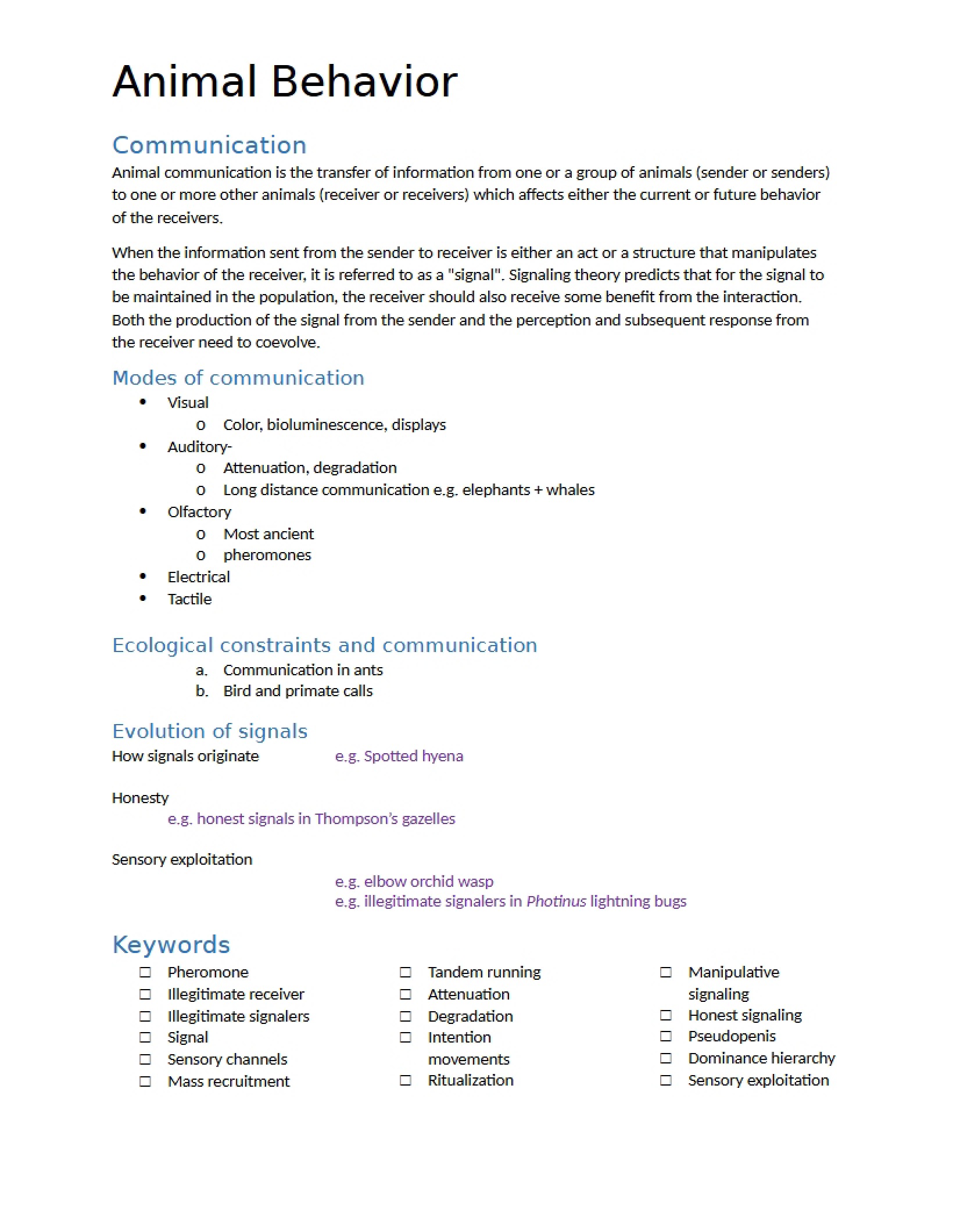 Animal Communication Notes