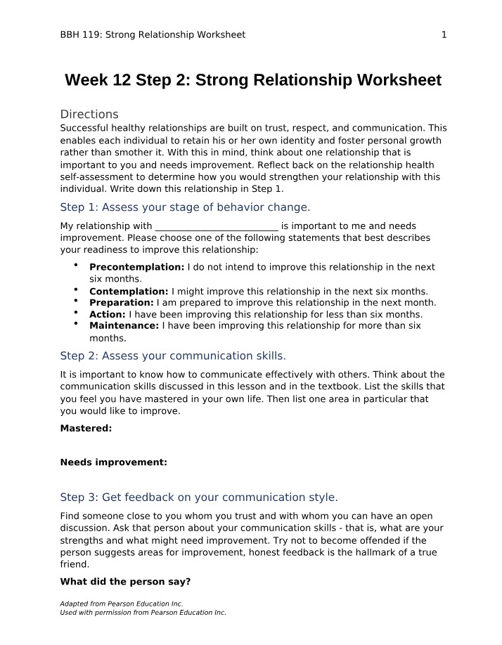 Strong Relationship Worksheet - Week 12 Step 2