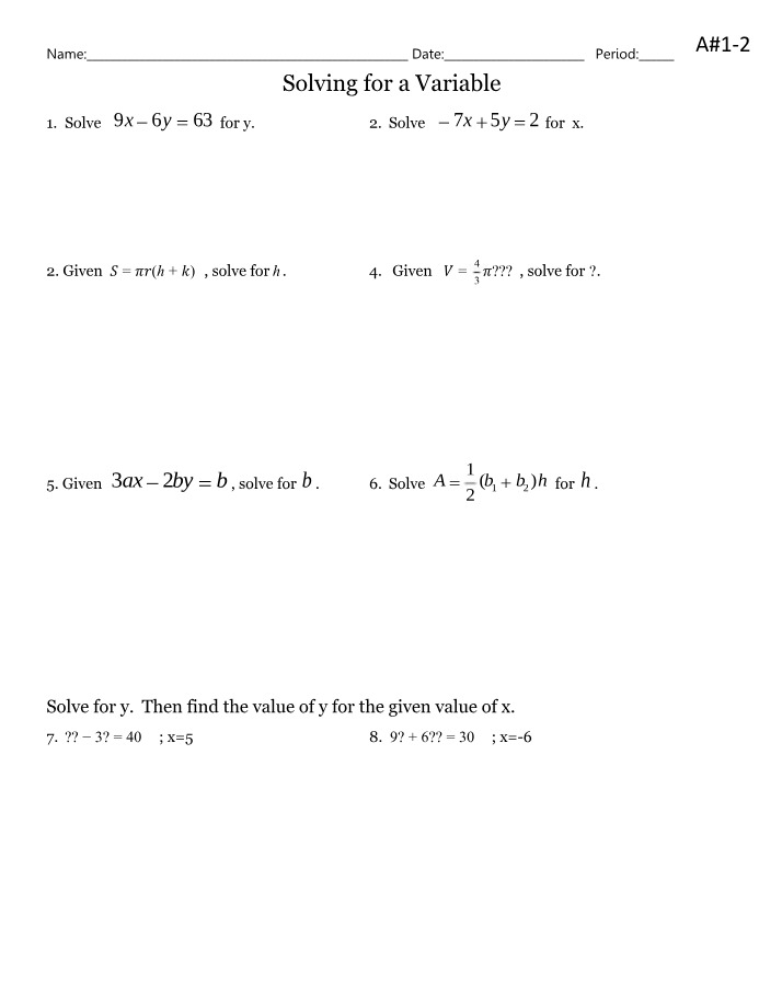 Worksheet A#1-2 - Solving for a Variable