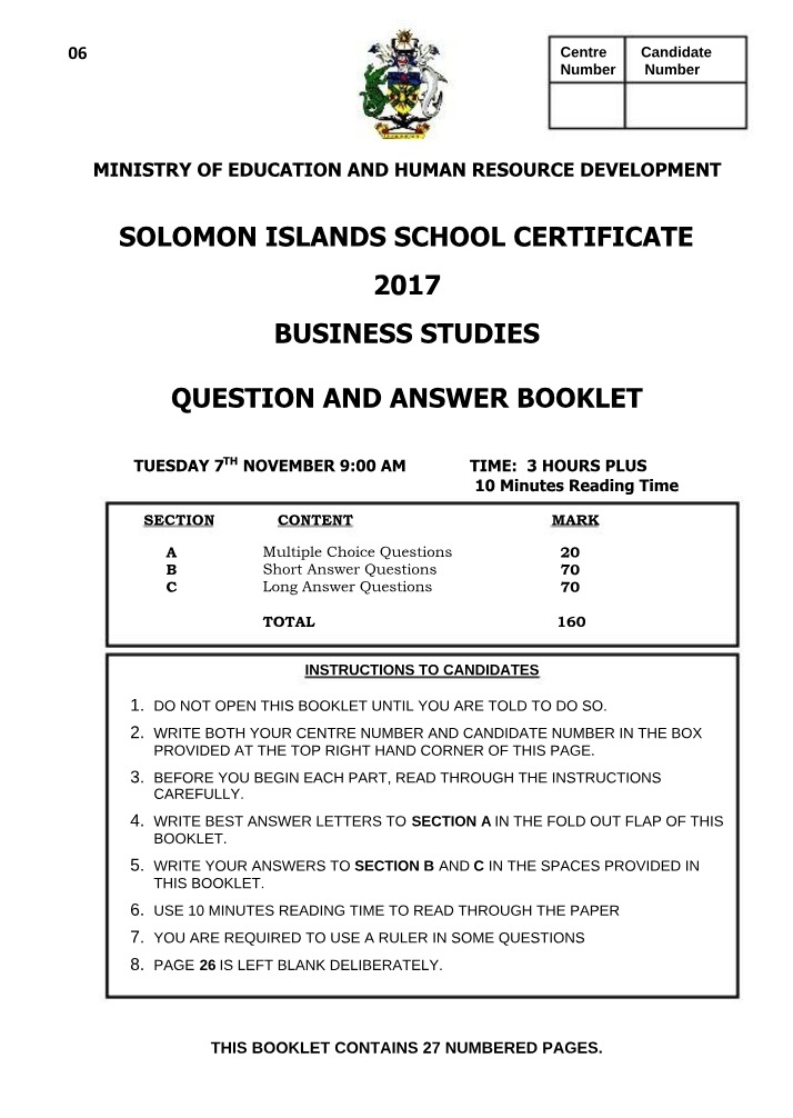 2017 Business Studies Question and Answer Booklet - Solomon Islands School Certificate