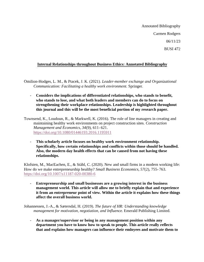 Annotated Bibliography - Internal Relationships in Business Ethics