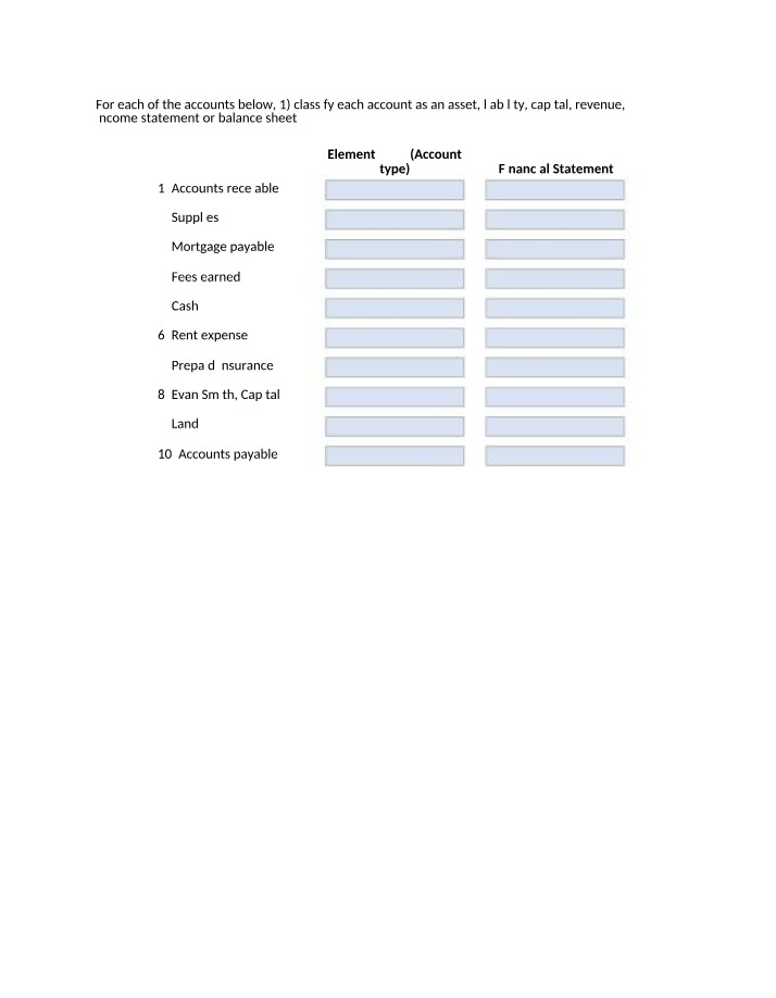 Exercises - Classifying Accounts and Preparing Financial Statements