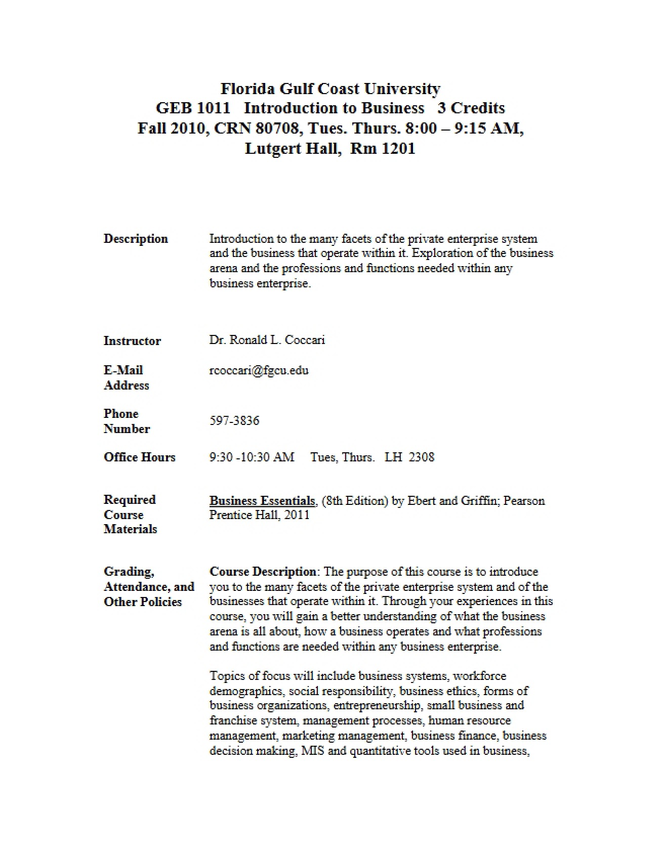 Course Syllabus Introduction to Business