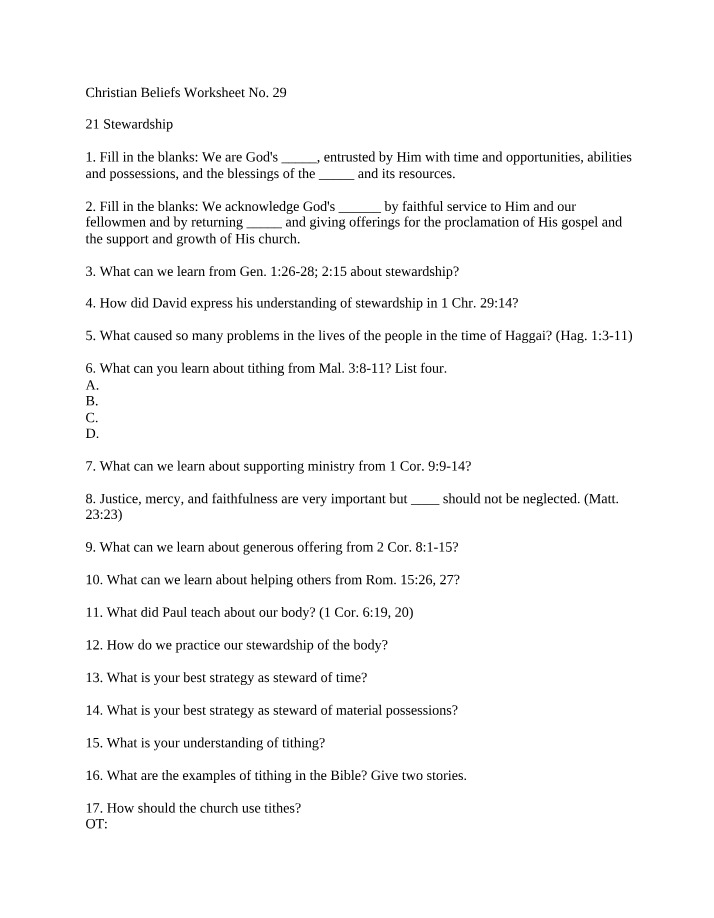 Worksheet No. 29 on Christian Beliefs
