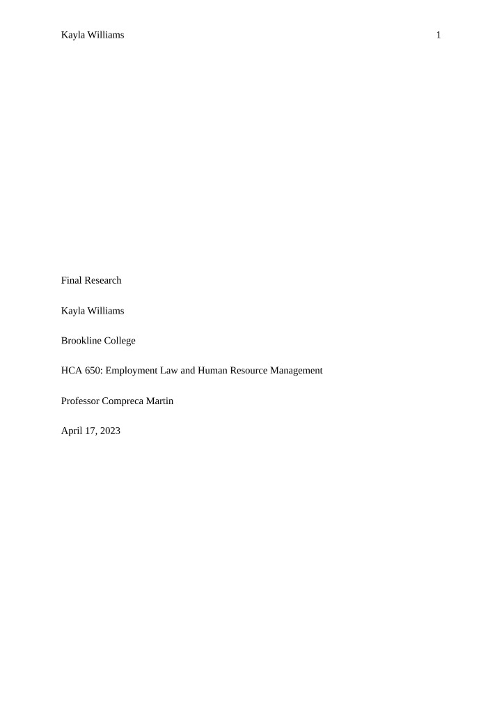 Final Research Assignment - Employment Law and HRM