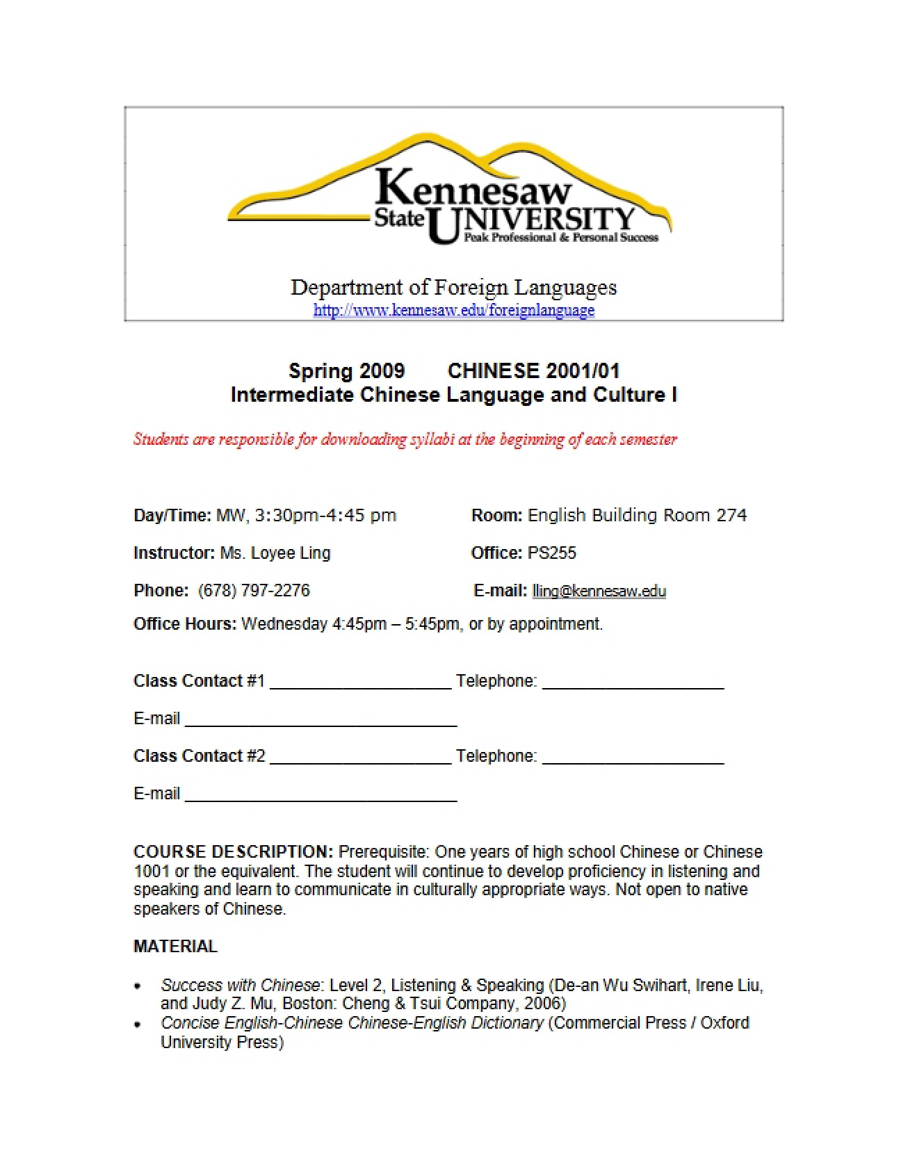 General Syllabus for an Intermediate Chinese Language and Culture Course
