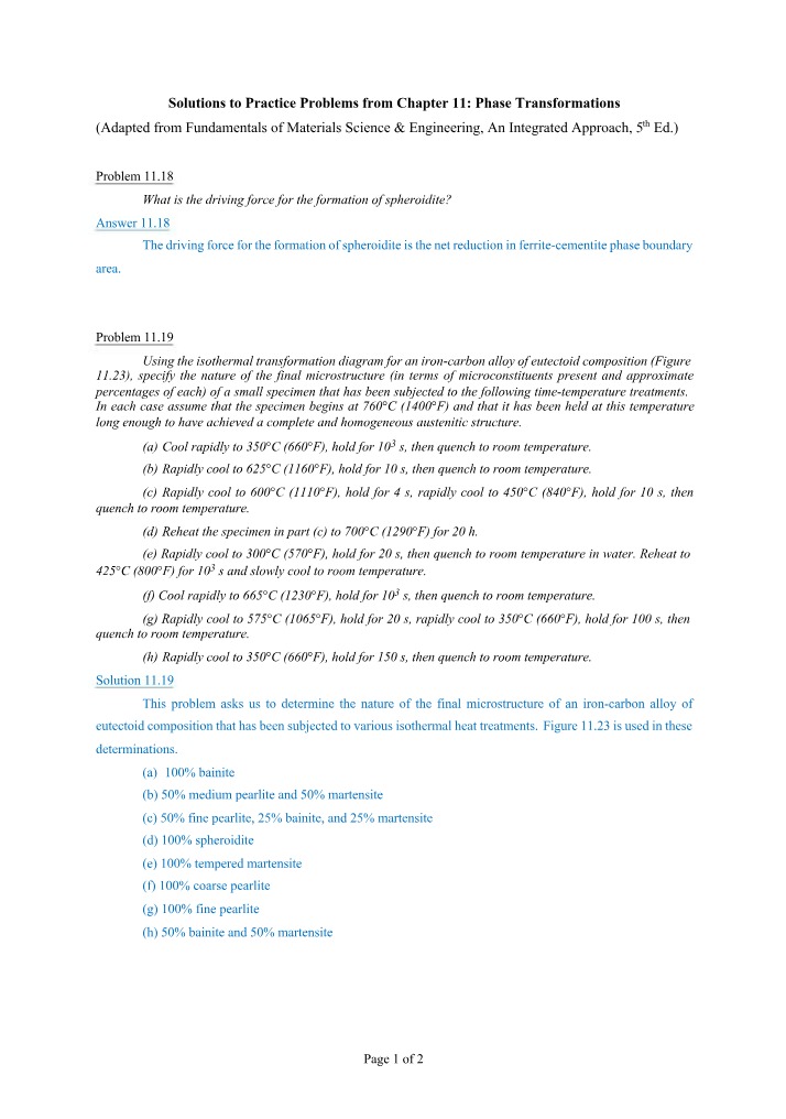 Chapter 11 Practice Problems - Phase Transformations