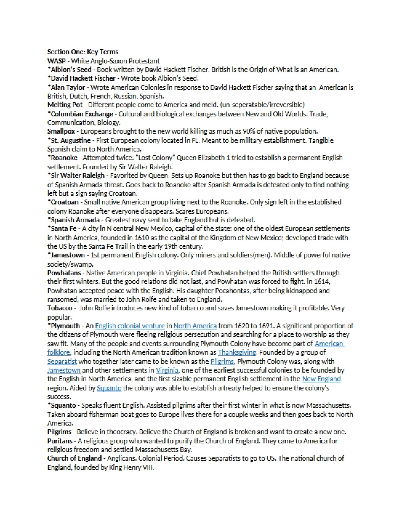 List of Key Terms for United States History I