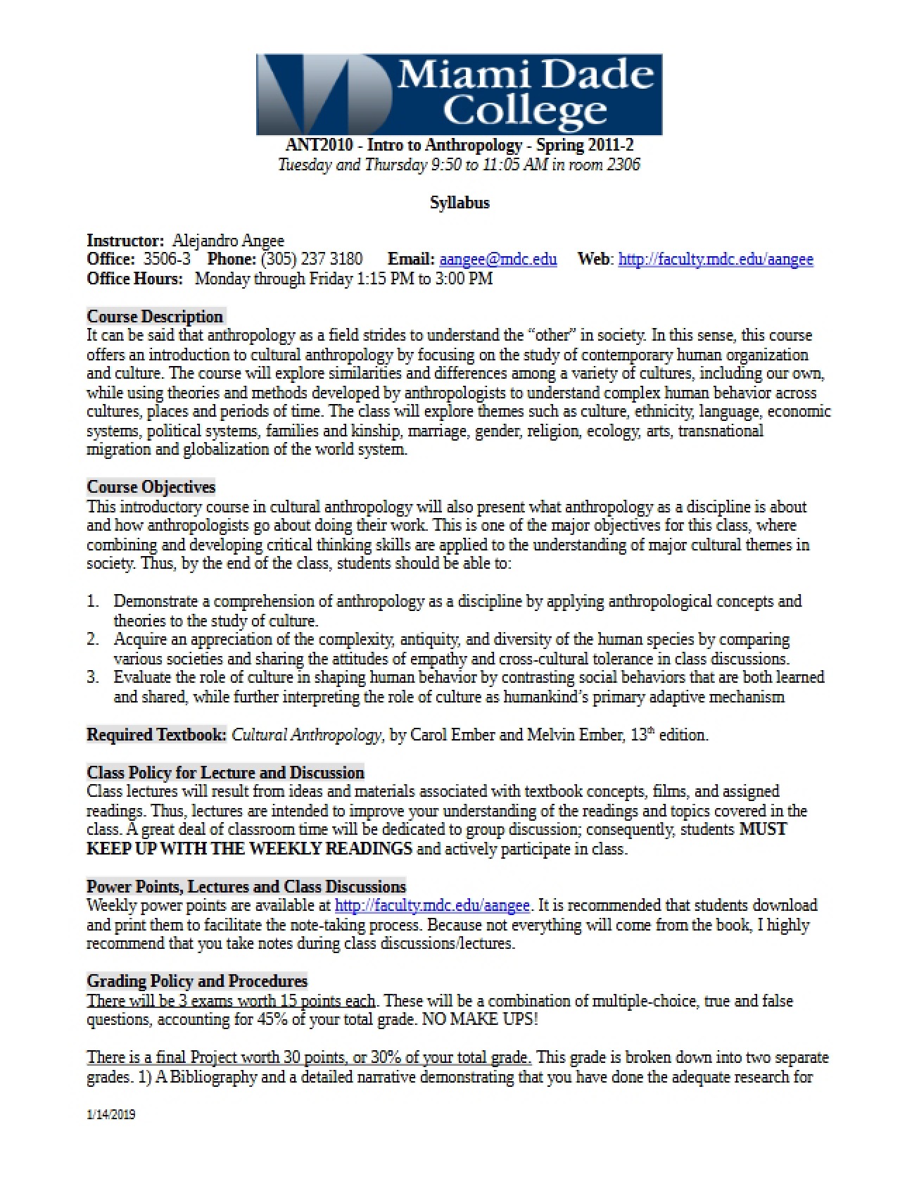 Cultural Anthropology Syllabus