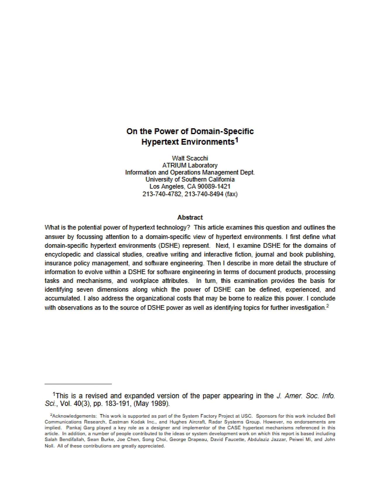Domain Specific Hypertext Environments Power
