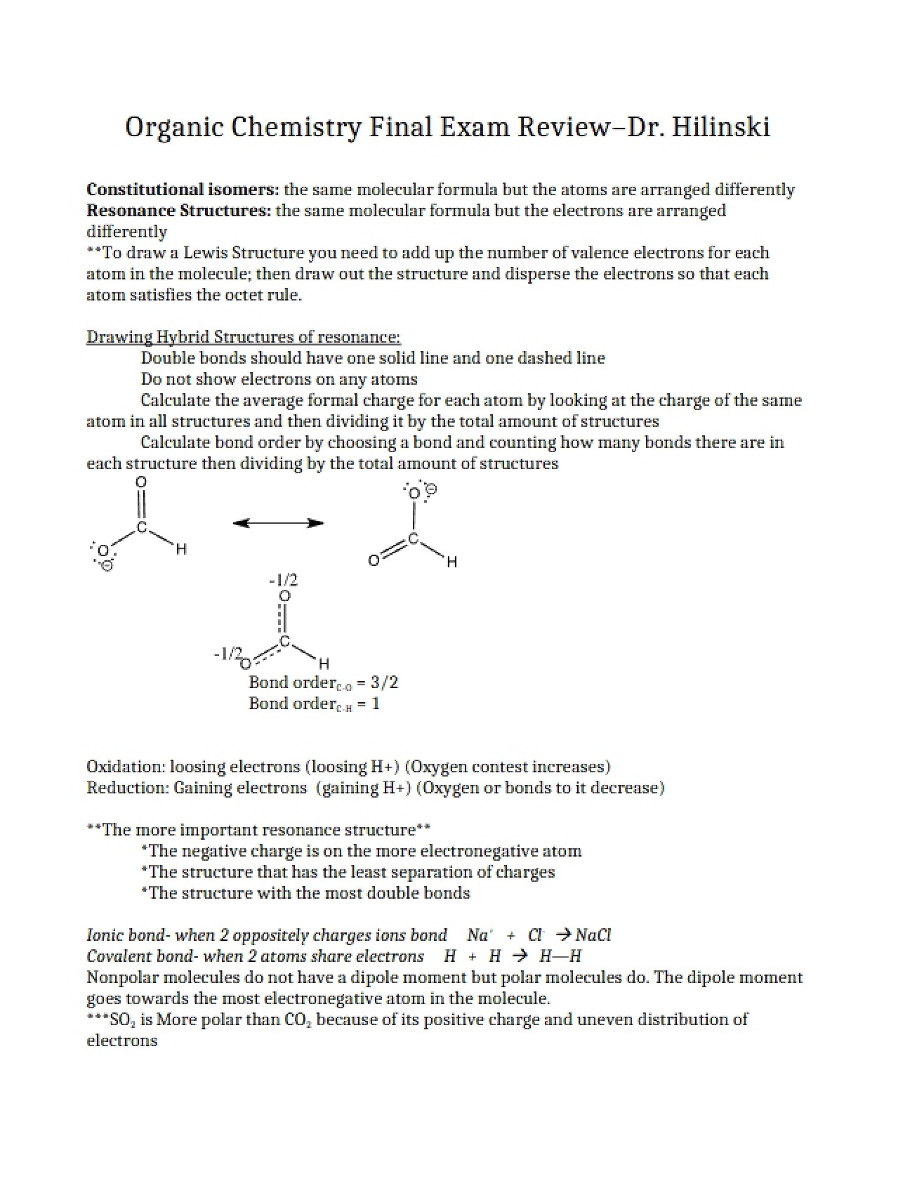 Comprehensive Review for the Organic Chemistry Final