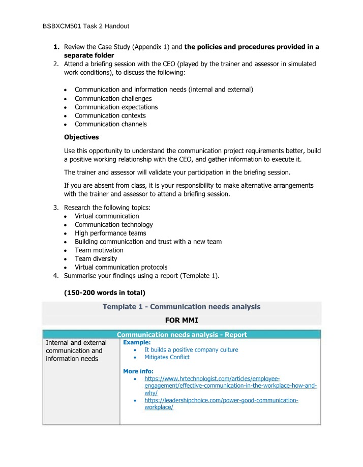 Task 2 Handout for BSBXCM501