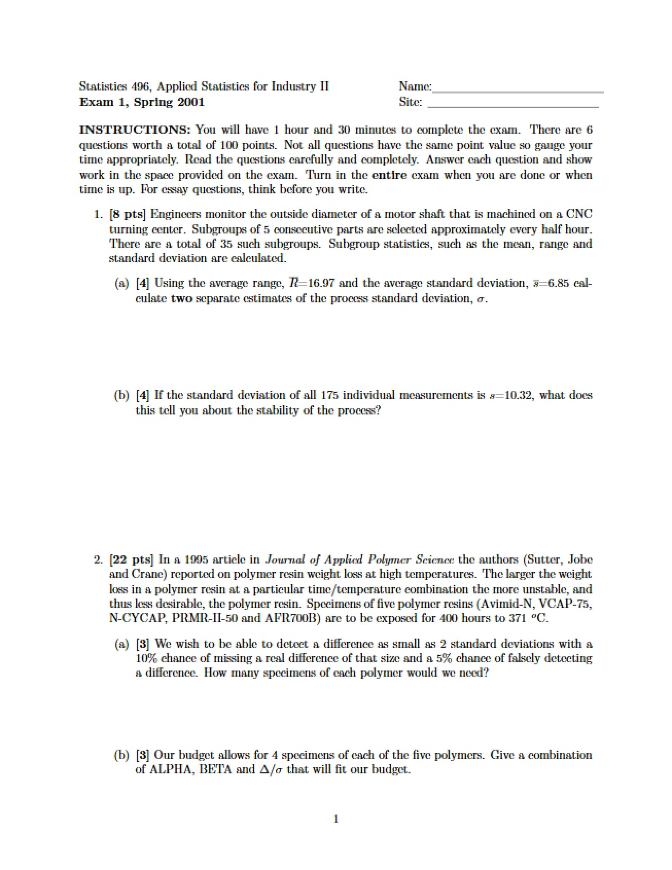 First Examination from the Spring 2001 Semester
