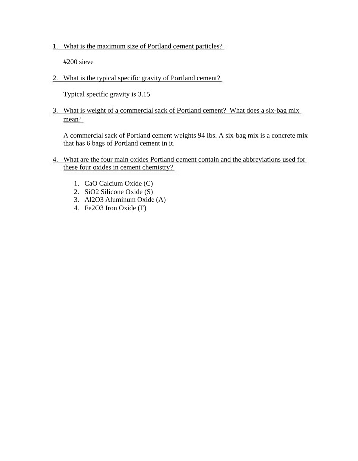 Portland Cement - Particle Size and Specific Gravity