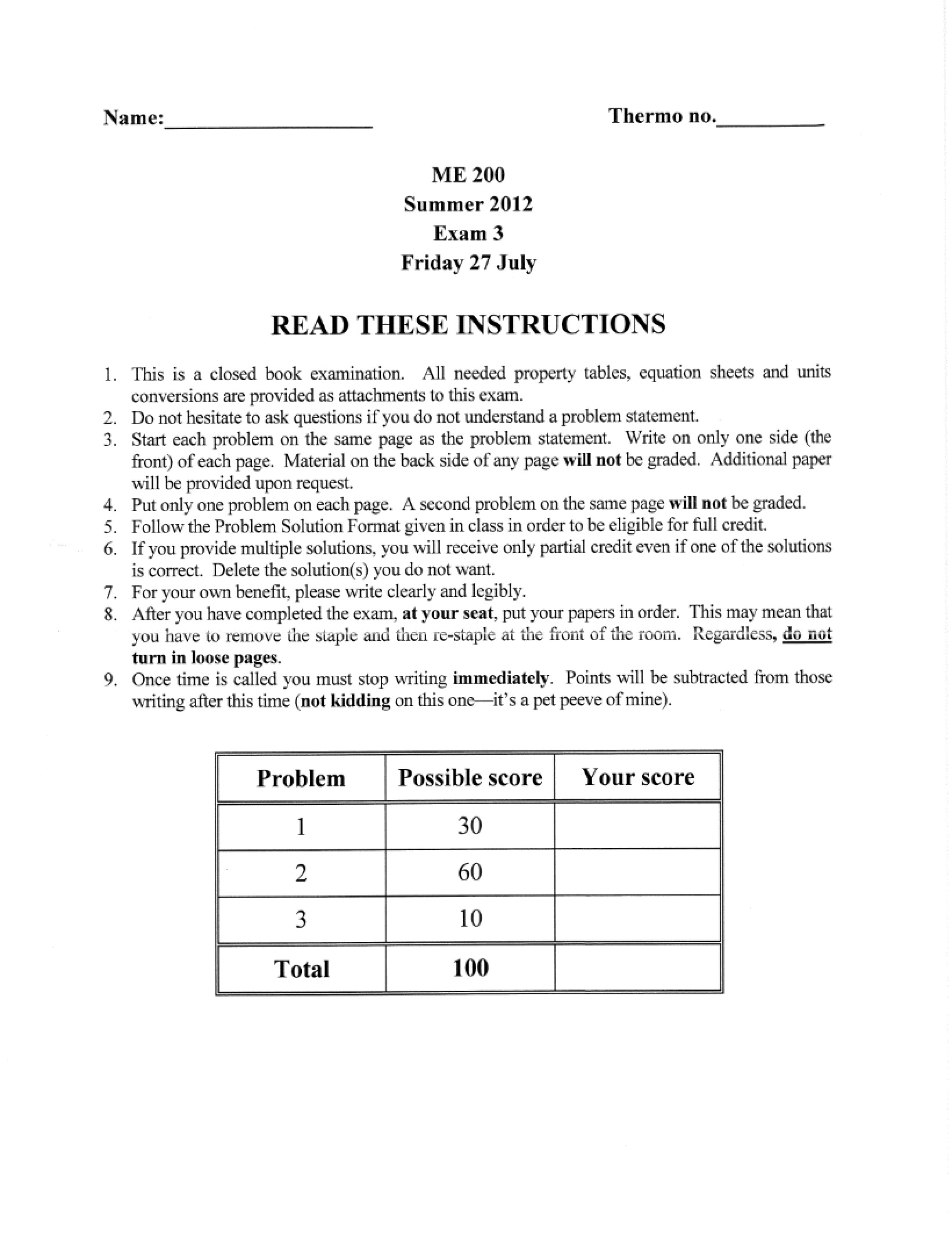 Solutions for 2012 Exam Three