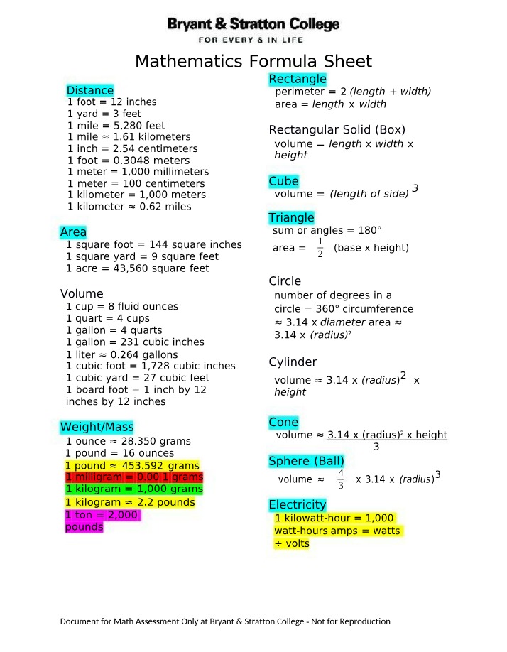 Mathematics Formulas - Distance, Area, Volume, and Weight-Mass