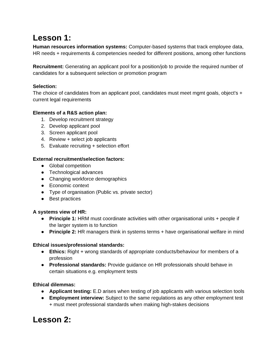 Notes on Recruitment and Selection in Human Resources Management