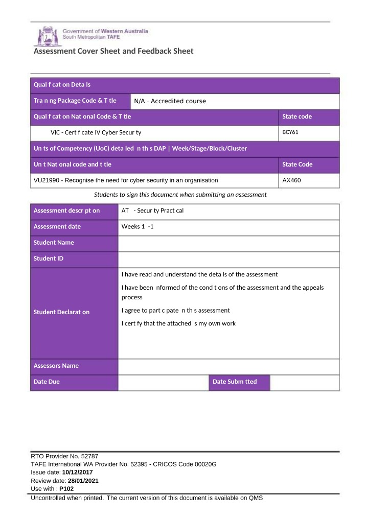 Assessment Cover and Feedback Sheet