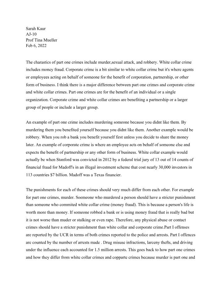 White Collar vs Corporate Crime and Part I Crimes
