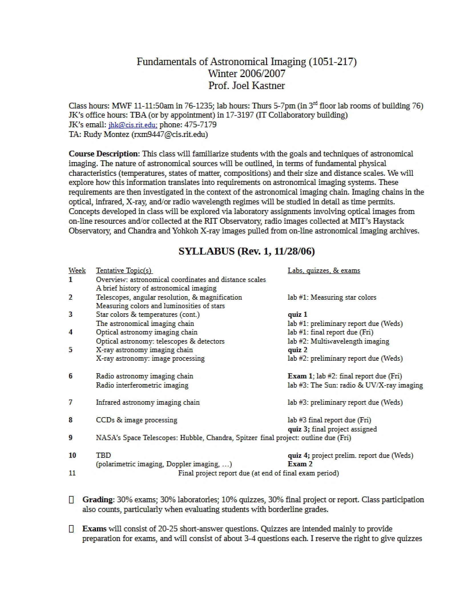 Syllabus for Astronomical Imaging