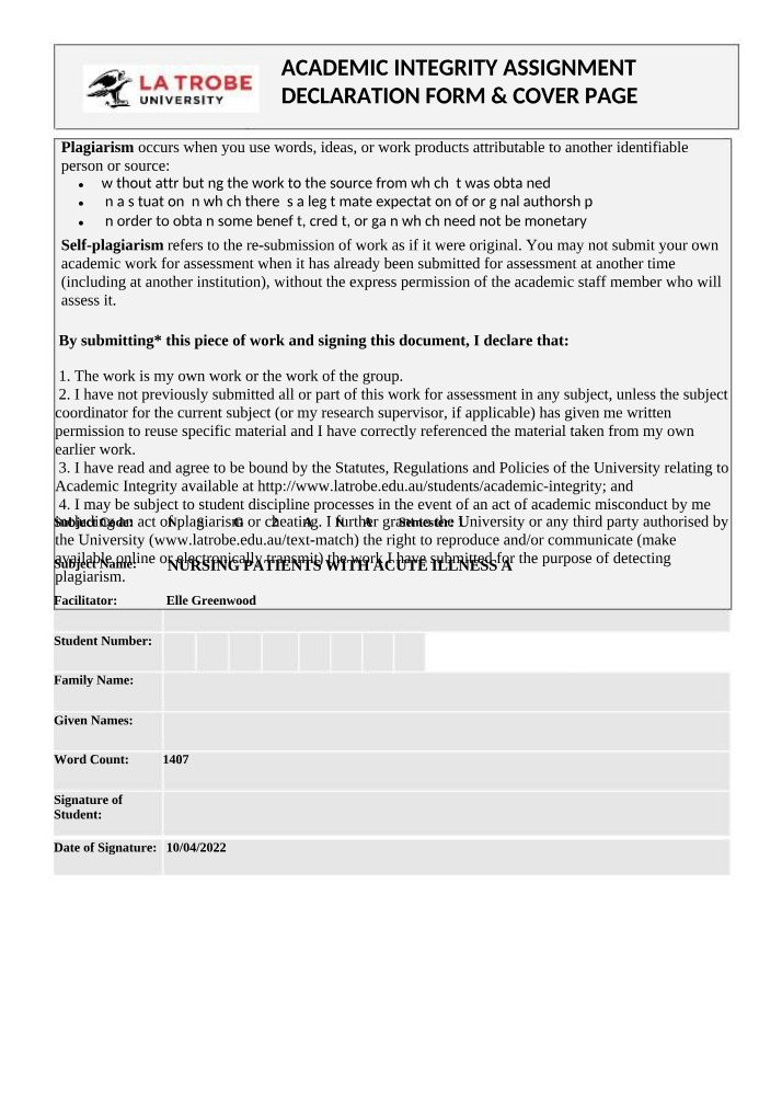 Assignment Declaration Form and Academic Integrity Cover Page