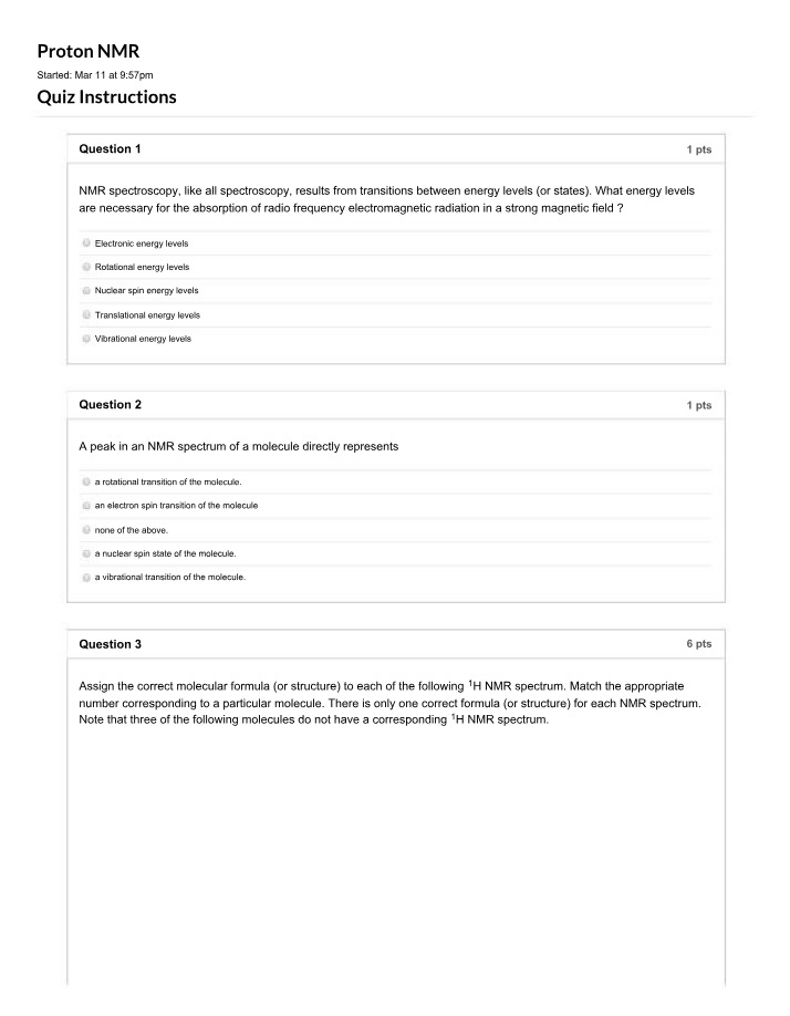 Spectra Matching and Quiz Questions for Proton NMR Spectroscopy